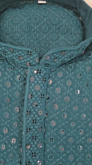 Sequins Work Chikankari Rayon 2 Piece Kurta Pajama Set for Man in Teal Blue shade, KP - 1681