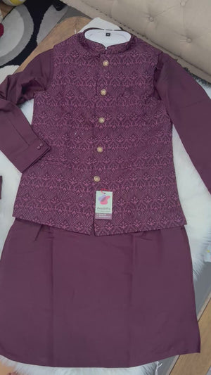 Men’s Wine 3-Piece Kurta Pajama Set with Pant Style Bottom & Embroidered Jacket, Silk Ethnic Wear, TPKP-2030