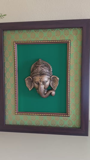 11.5" Handcrafted Ganesh Brass Hanging on Silk Frame with 3D Effect, BFD- 1183