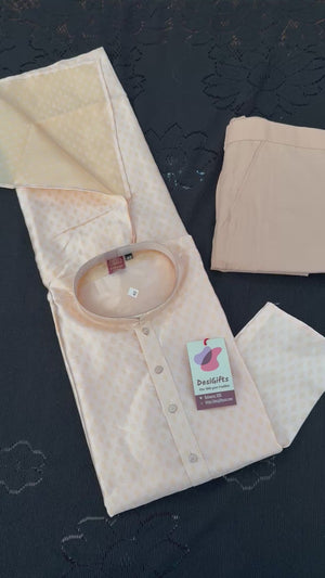 Soft Cream with Subtle Gold Motifs Kurta with Beige Trouser, 2 Piece Jacquard Silk Kurta Pajama Set, Man -2046