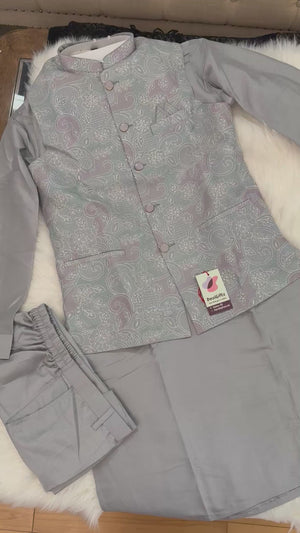 Luxury Everlasting Gray Silk 3-Piece Kurta Pajama with Stylish Jacket, Men’s Festive & Wedding Wear Set, KPJ-2032
