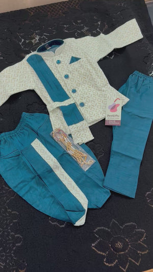 Boys 3 Piece Peacock Green Silk Blend Indian Dress Set with Sparkly Jacket, Dhoti & Pajama – Ethnic Wedding and Festive Outfit B-2022
