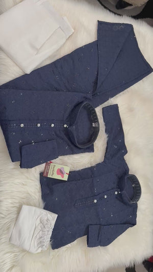 Men & Boys Navy Rayon Chikankari with Sequins Kurta Pajama Set | Matching Father Son Festive Outfit with Sequin Work, DM -2077