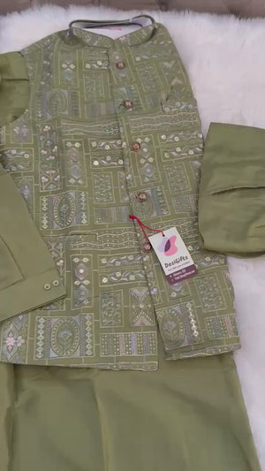 Green Shade 3 Piece Kurta Pajama, Pant Style, with Embroidered Jacket Set-Silk Fabric, TPKP- 1416