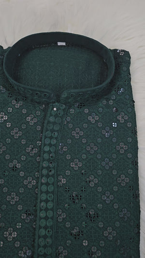 Deep Forest Green Chikankari Rayon with Sequins 2 Piece Kurta Pajama Set, Father & Son's Outfit, DM -1675