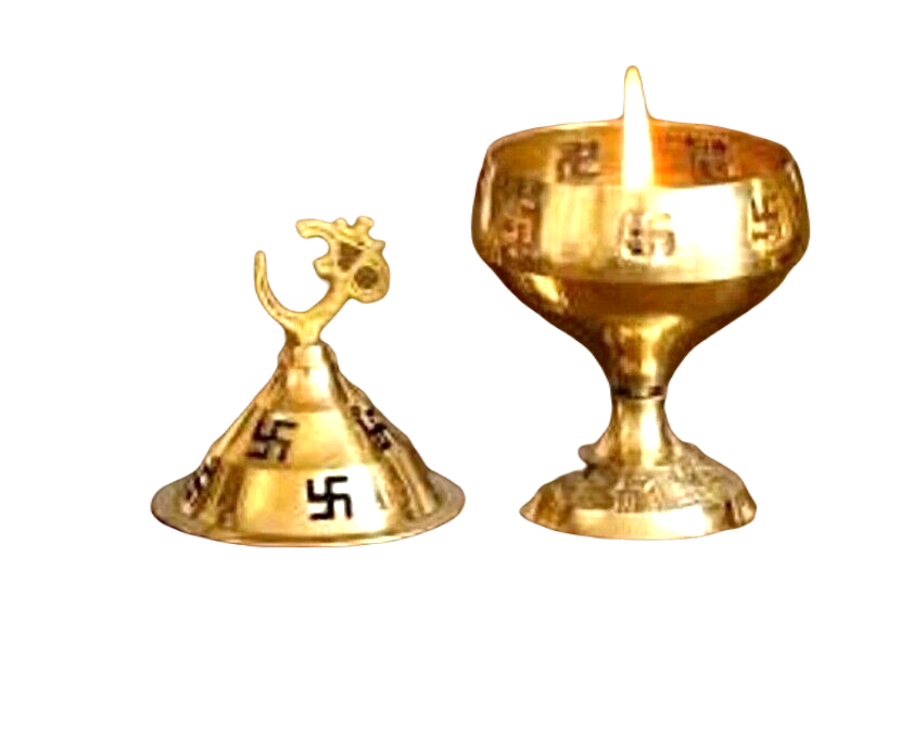 Brass Oil Lamp, Akhand Diya, Deep with OM and Swastik, ODB-1092