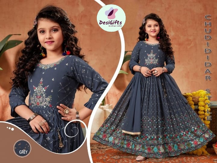 Gray Shade Girl's Beautiful Dress with Intricate Work, Design GRL # 1005