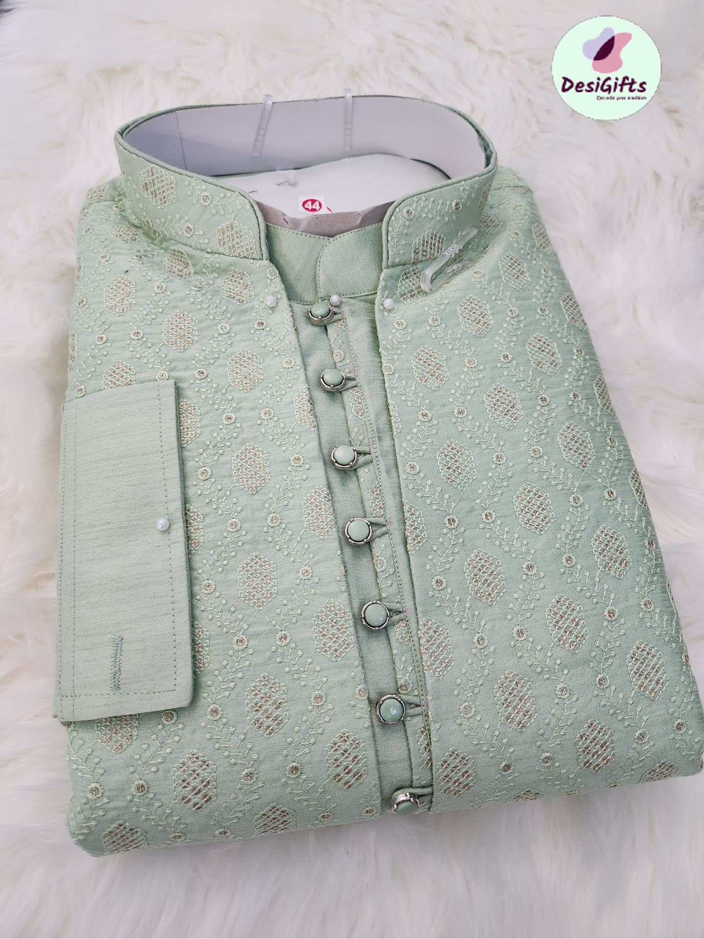 Size 44 Luxurious Stylish 3 Piece Kurta Pajama with Long Jacket-Cotton Silk. Pista Green, MAN# 1020