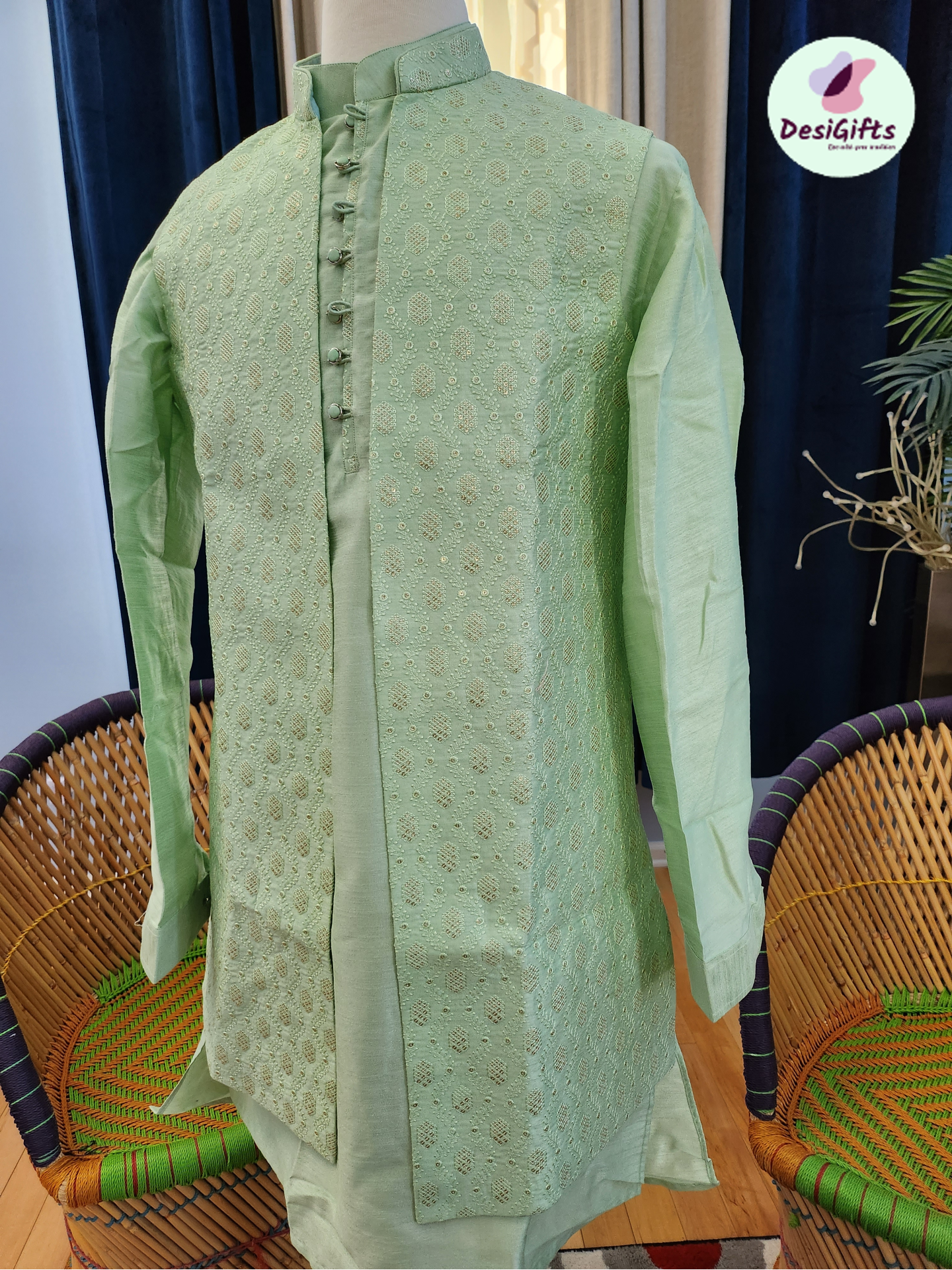 Art Silk Kurta Pajama With Jacket In Green Colour - KP1047521