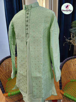 Size 44 Luxurious Stylish 3 Piece Kurta Pajama with Long Jacket-Cotton Silk. Pista Green, MAN# 1020