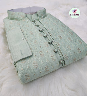 Luxurious Stylish 3 Piece Kurta Pajama with Long Jacket-Cotton Silk. Pista Green, MAN# 1020