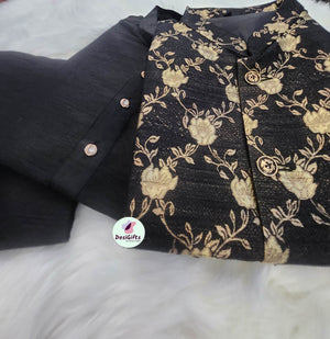 Balck Jacquard Silk 3 Piece Kurta Pajama with Jacket-Design MAN# 1030