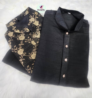Balck Jacquard Silk 3 Piece Kurta Pajama with Jacket-Design MAN# 1030