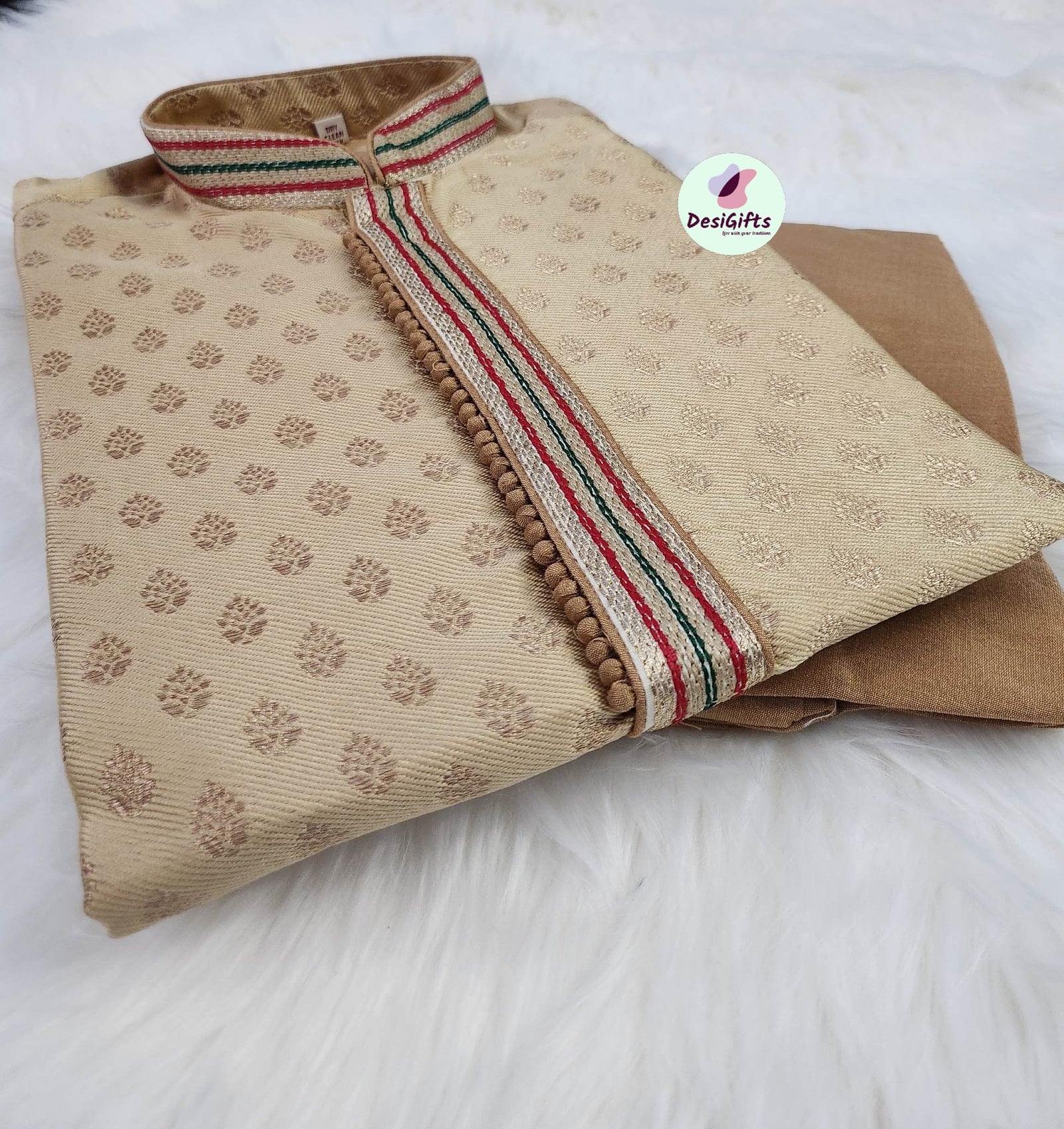 Size 36 Jacuard Cotton Silk with Golden Buty work Man's Kurta Pajama Set, KPS-1031