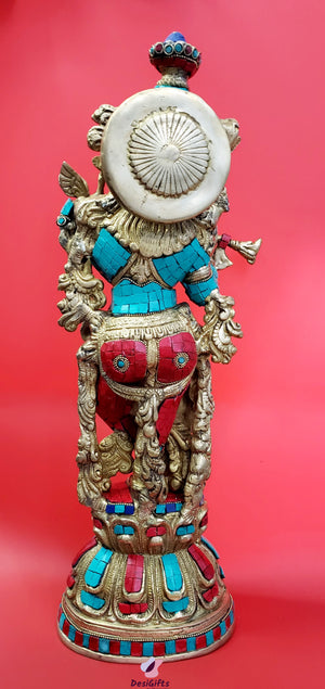 Lord Krishna Statue, 20" Height, Brass with Turquoise stones, KSB#135