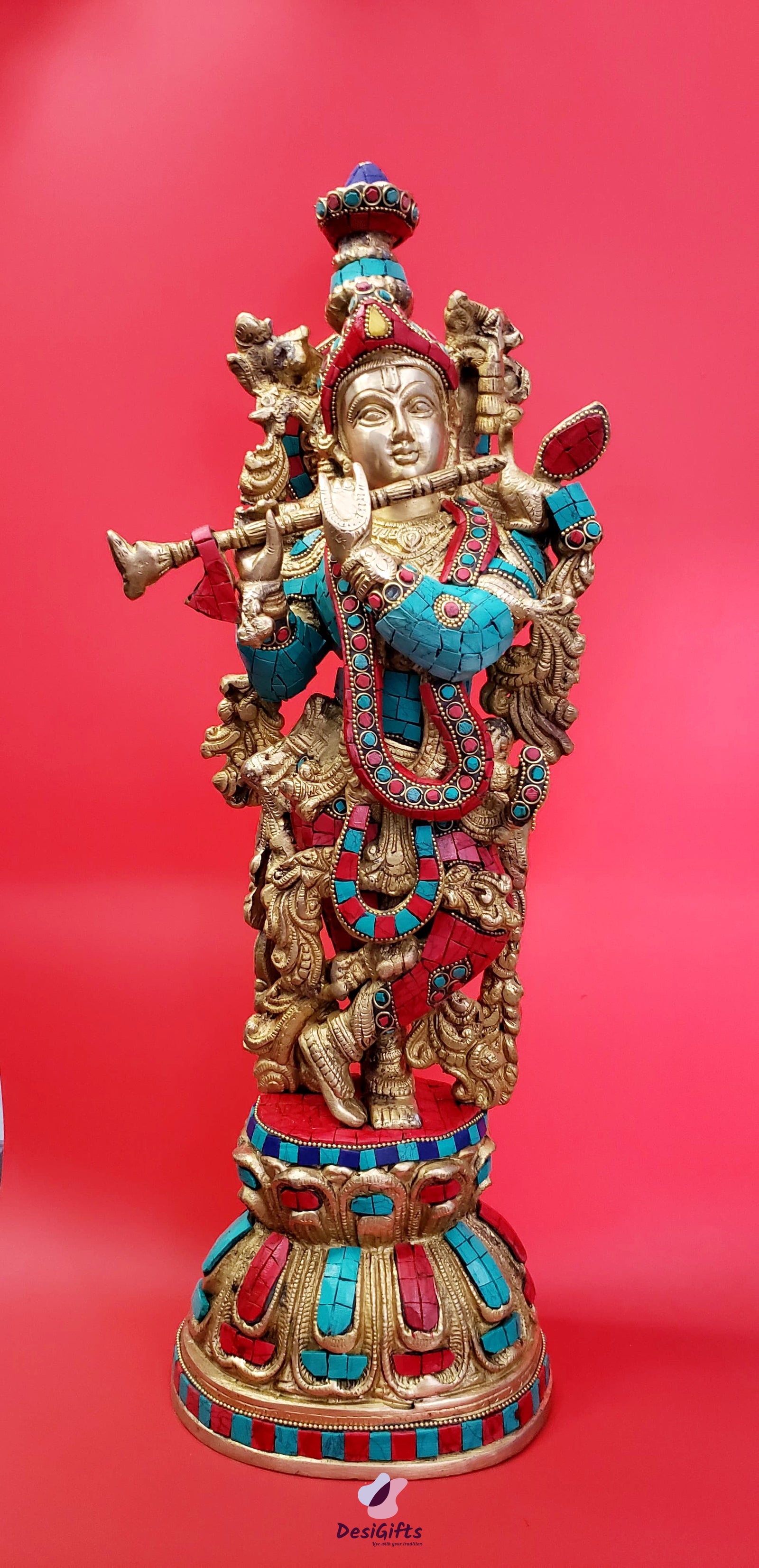 Lord Krishna Statue, 20" Height, Brass with Turquoise stones, KSB#135