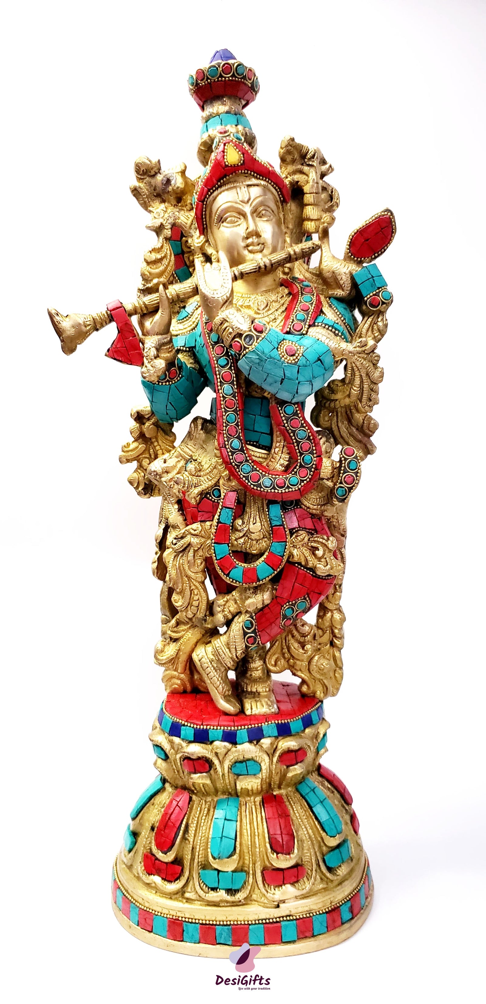 Lord Krishna Statue, 20" Height, Brass with Turquoise stones, KSB#135