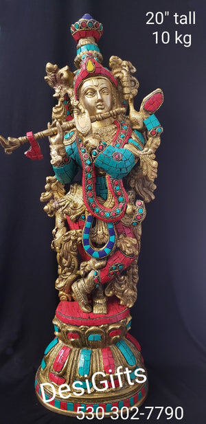 Lord Krishna Statue, 20" Height, Brass with Turquoise stones, KSB#135