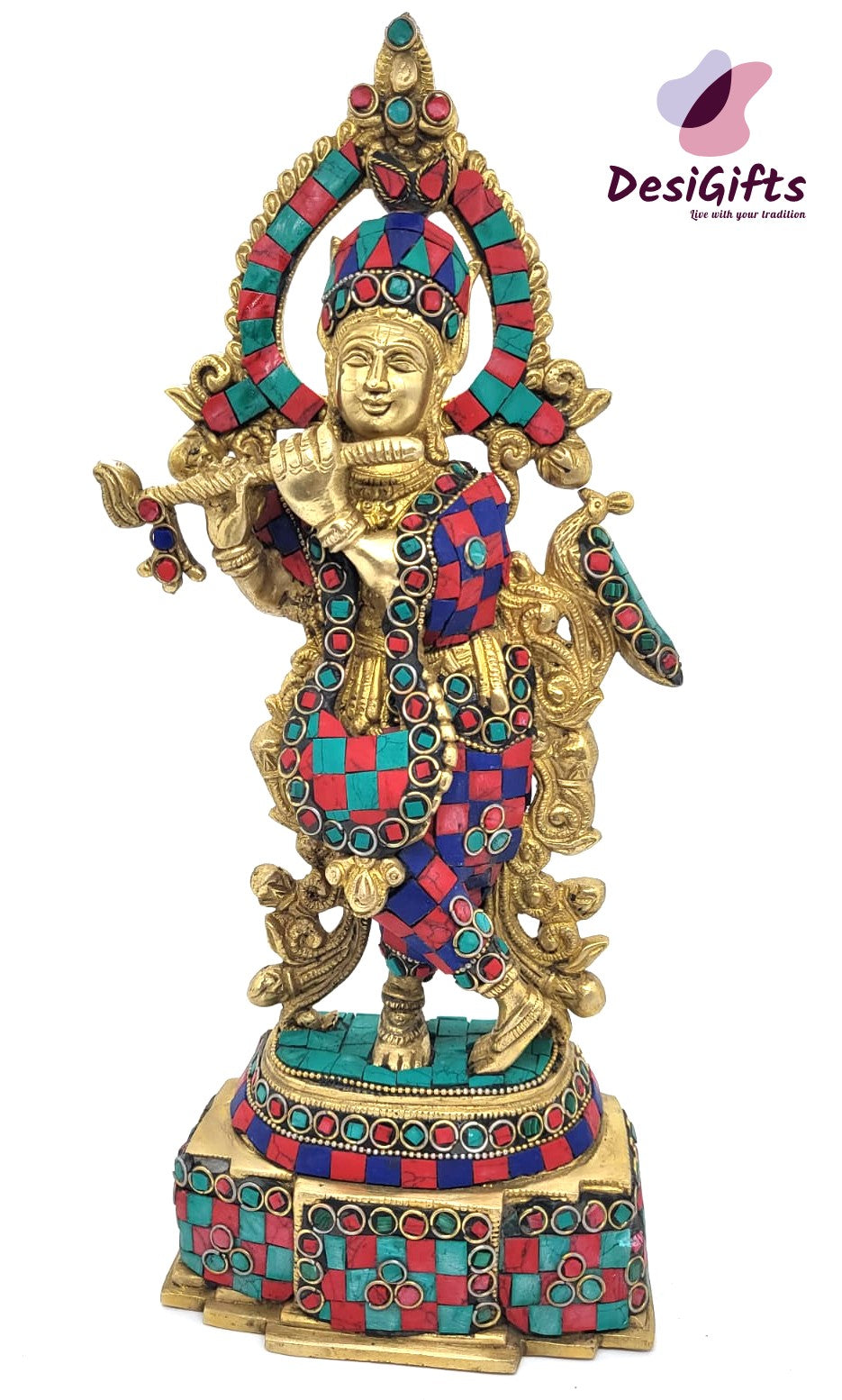 Lord Krishna Statue, 12" Height, Brass with Turquoise stones, KSB# 109