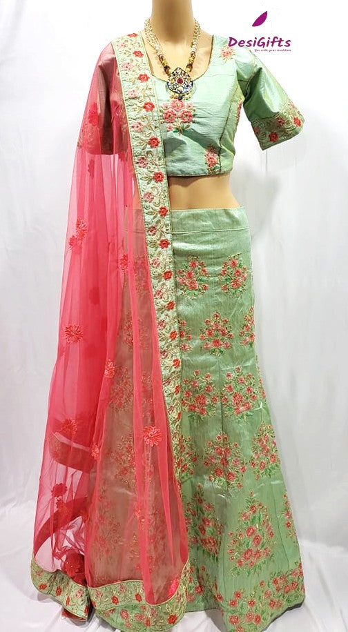 Buy Pista Green Floral Sequins Embroidered Lehenga Set with Peach Dupatta  Online @ ₹16000 from ShopClues