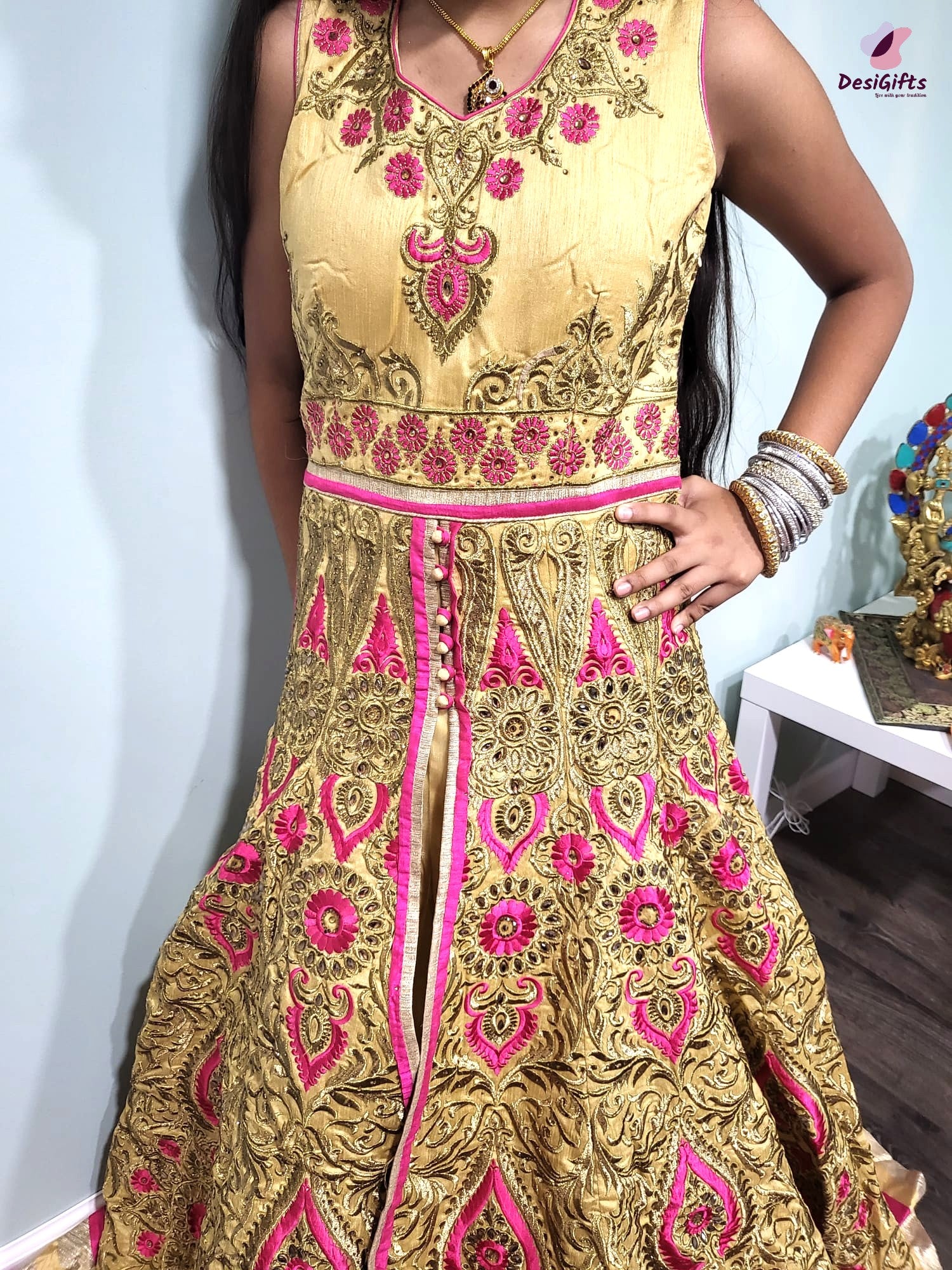 Graceful Butter Yellow Gown with Pink & Golden Embroidery, Design GWN #872 Graceful Butter Yellow Gown with Pink & Golden Embroidery, Design GWN #872