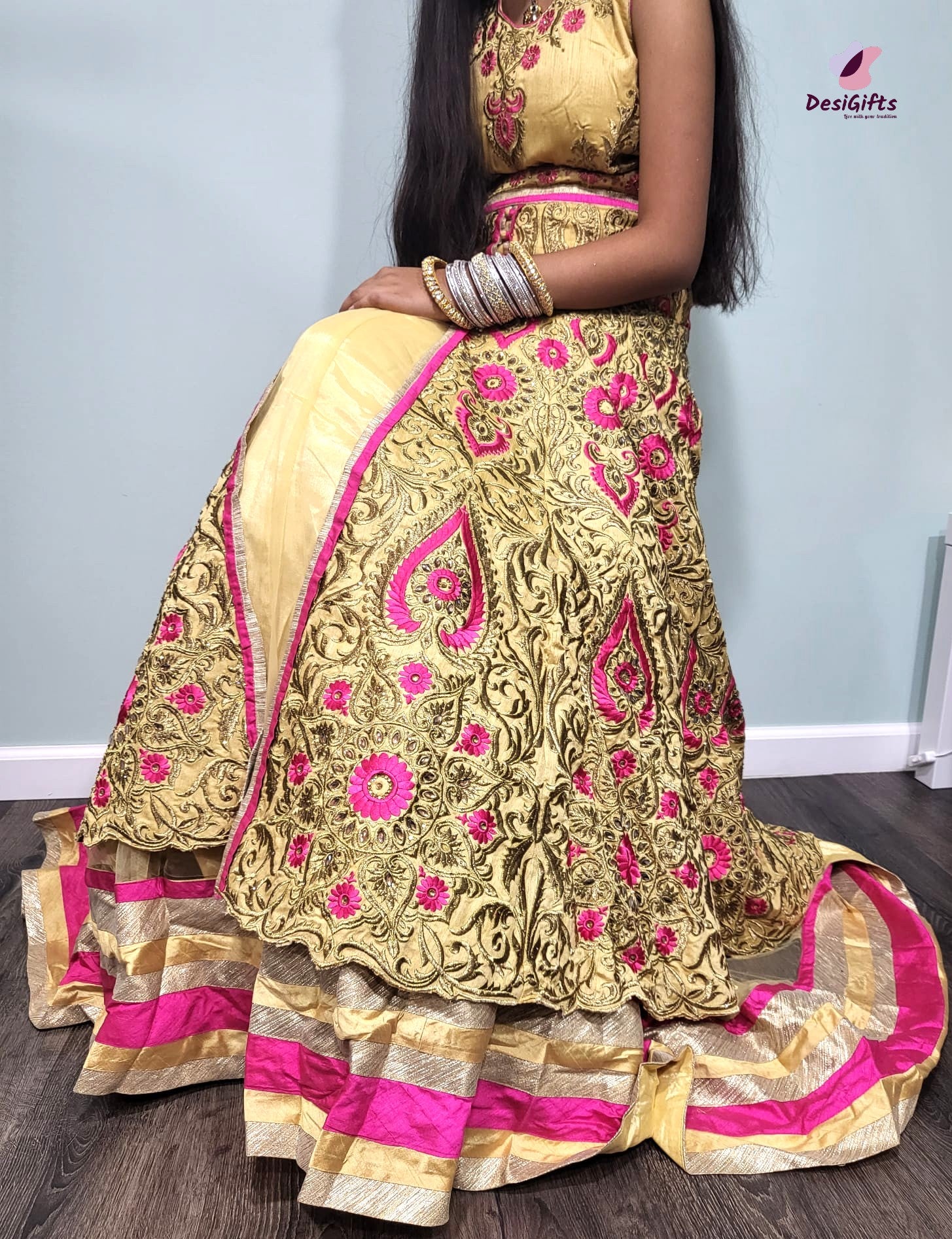 Graceful Butter Yellow Gown with Pink & Golden Embroidery, Design GWN #872