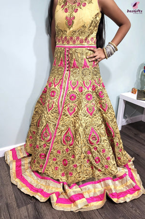 Graceful Butter Yellow Gown with Pink & Golden Embroidery, Design GWN #872