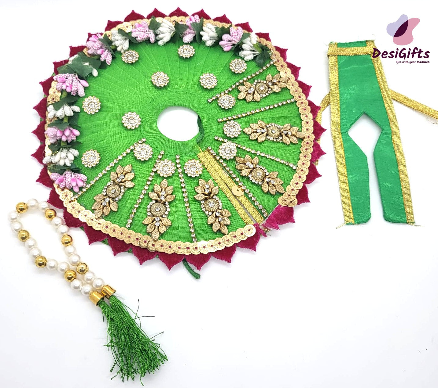 Green Laddu Gopal Dress with Pearls & Stone / Krishna Poshak, RKF# 692