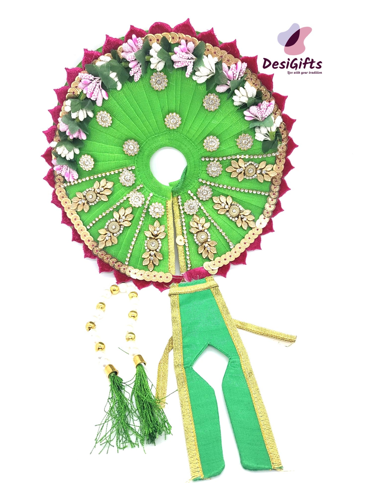 Green Laddu Gopal Dress with Pearls & Stone / Krishna Poshak, RKF# 692