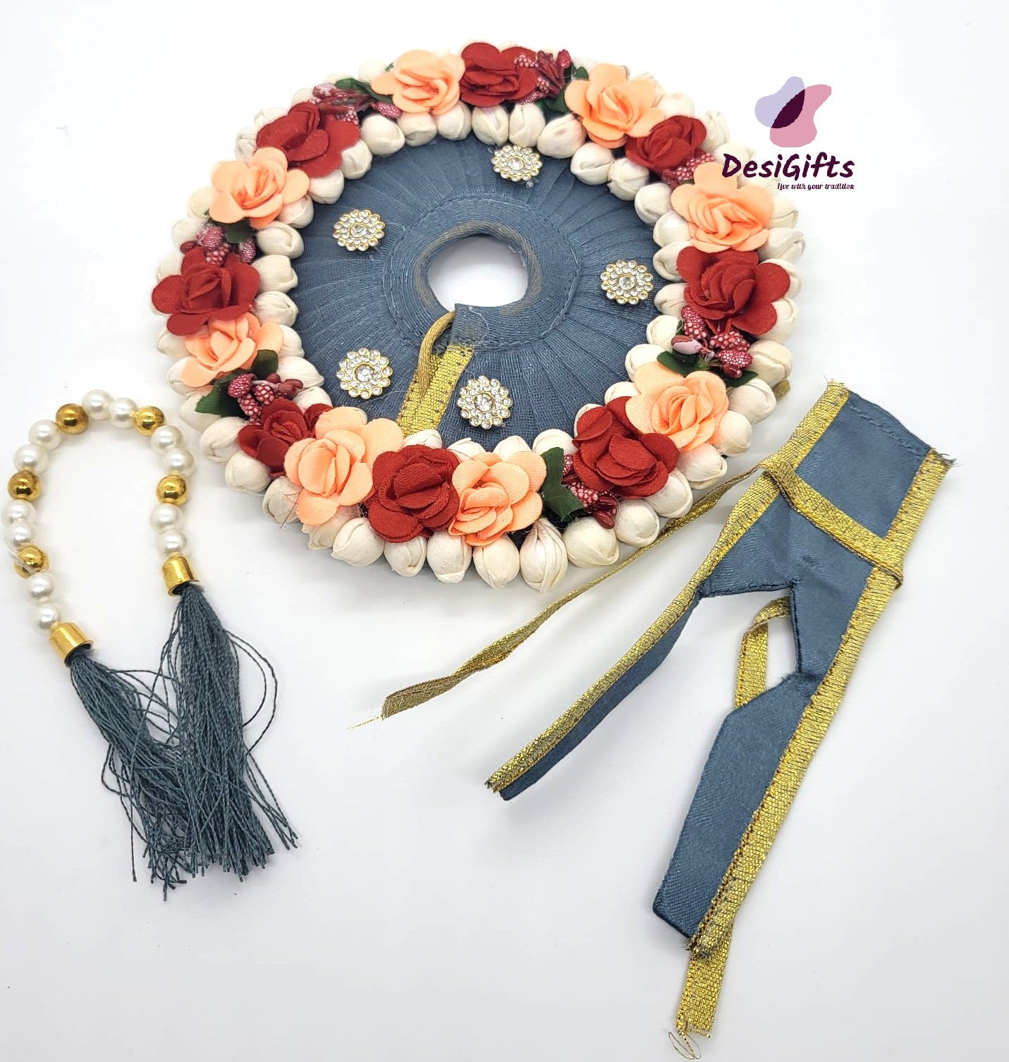 Gray Laddu Gopal Dress with Fabric Mogra Buds, Krishna Poshak, RKF#686