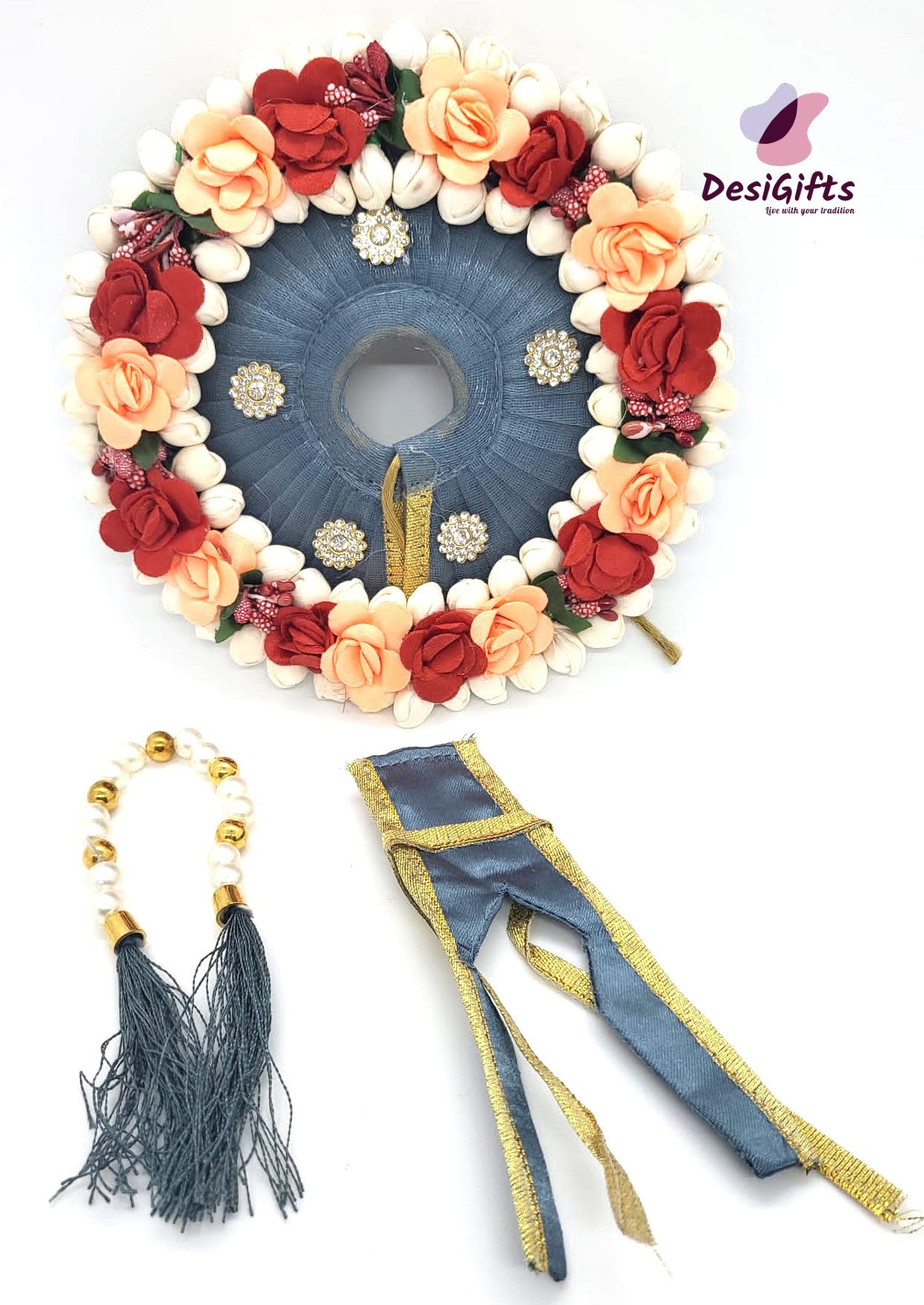 Gray Laddu Gopal Dress with Fabric Mogra Buds, Krishna Poshak, RKF#686