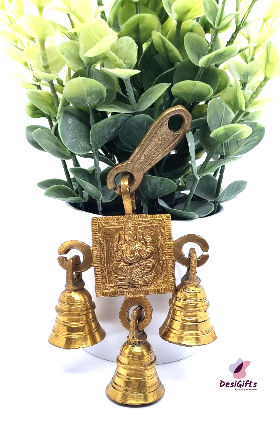 Brass Bell With Ganesh, Brass Hanging Ganesha Bell, ~ 6" Long, GBB- 156
