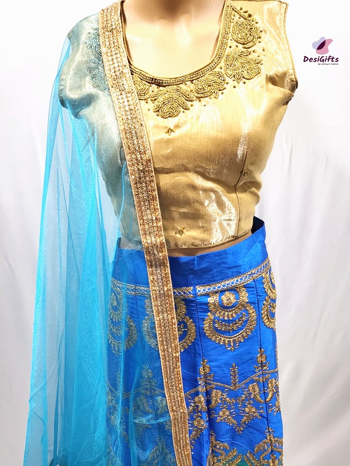 Blue-Green Shade with Golden Zeri Silk Lehenga Choli Ethnic Wear, Design LHG #471