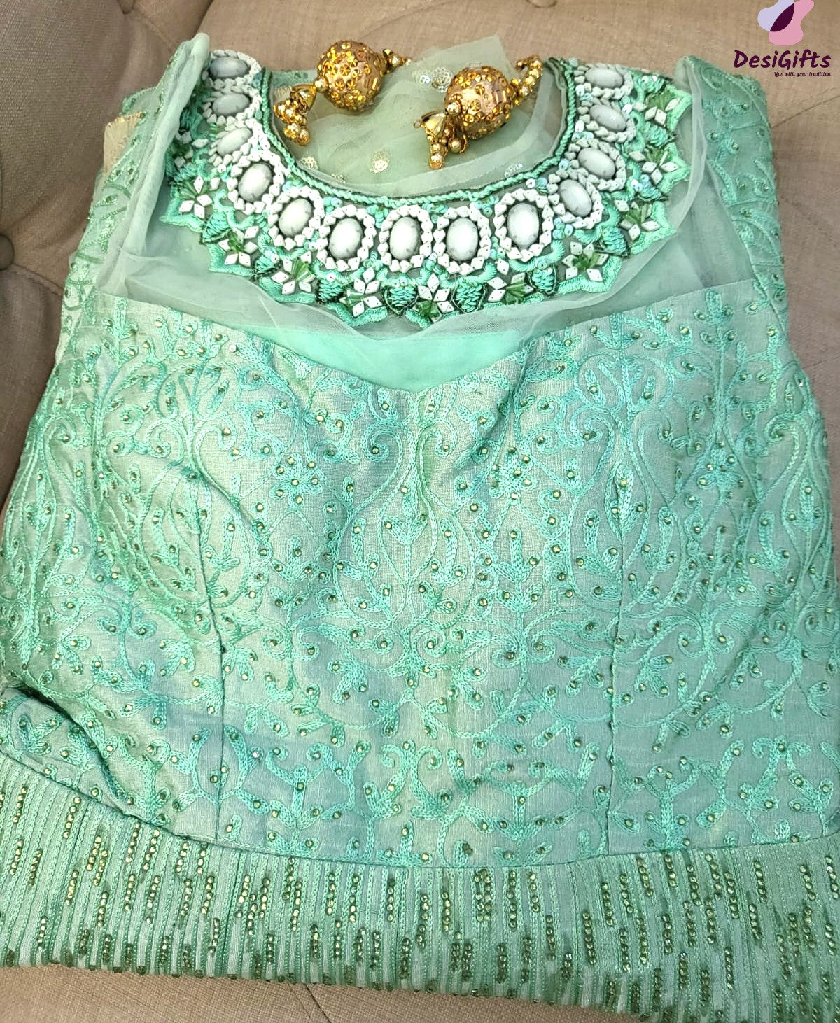 Exquisite Gown in Gray or Pistachio Green with Net Work, Design GWN # 863