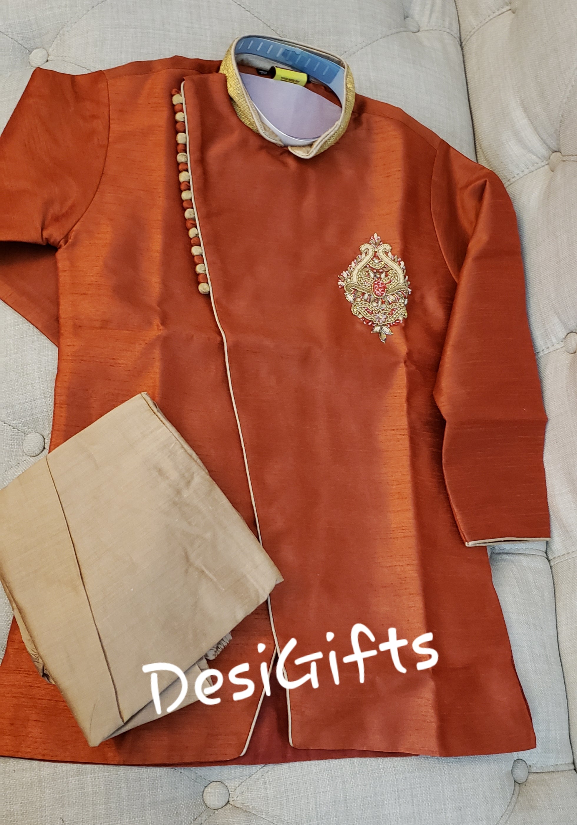 Boy's Cotton Silk  Designer Dress, Design# B-BRN-283