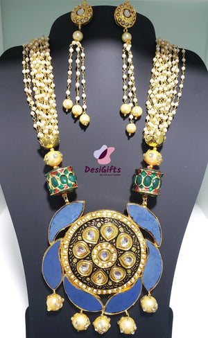 Jaipuri Takkar Kundan Pendant With Pearls Necklace Set, NKT# 332