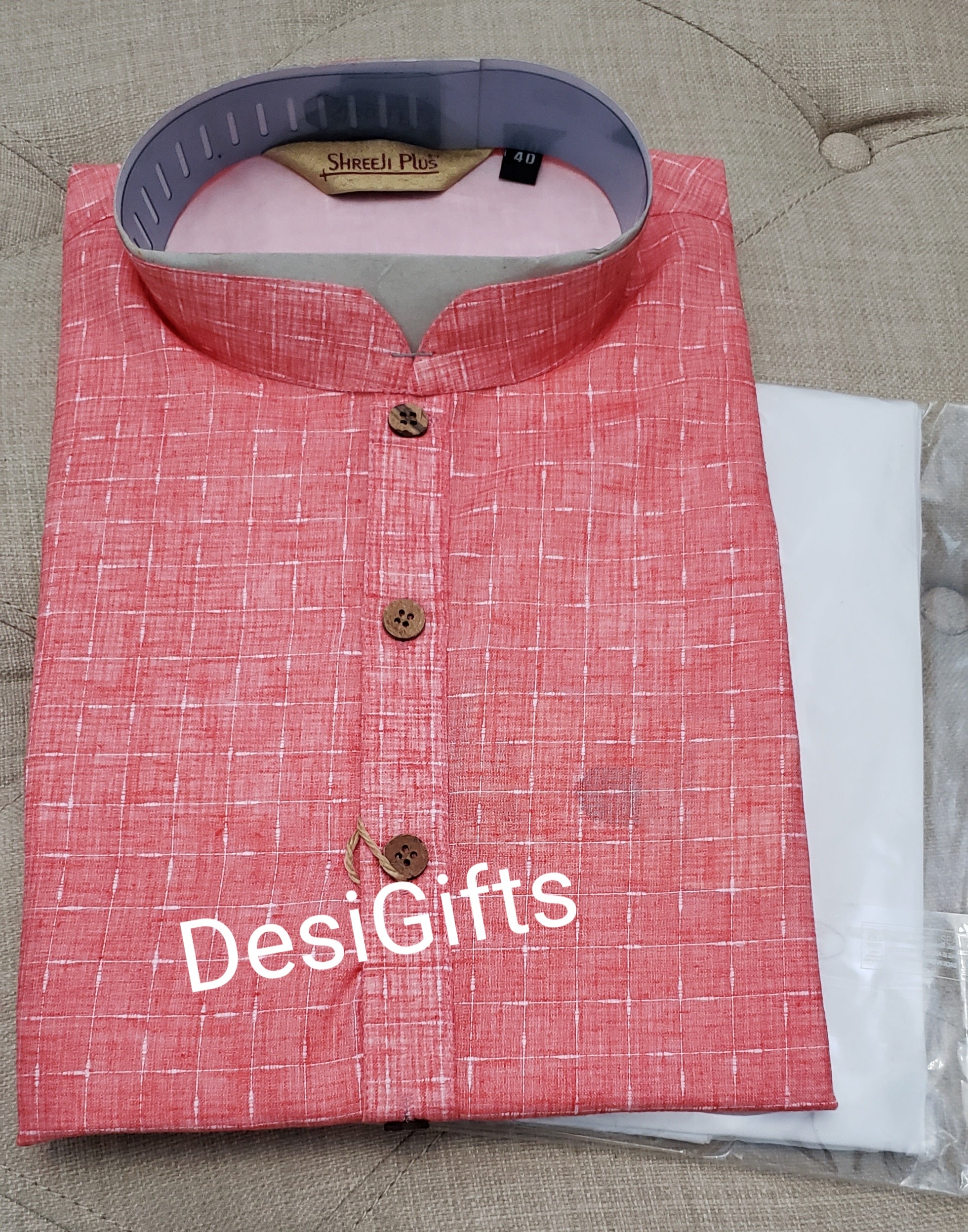 Size 36 -38, Red Kurta Pajama Set-Cotton, Design Men - 256