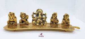 Set of 5 Musical Ganesha on Banana Leaf, Metallic, MGM#123-124