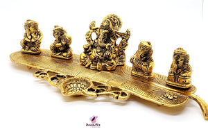 Set of 5 Musical Ganesha on Banana Leaf, Metallic, MGM#123-124