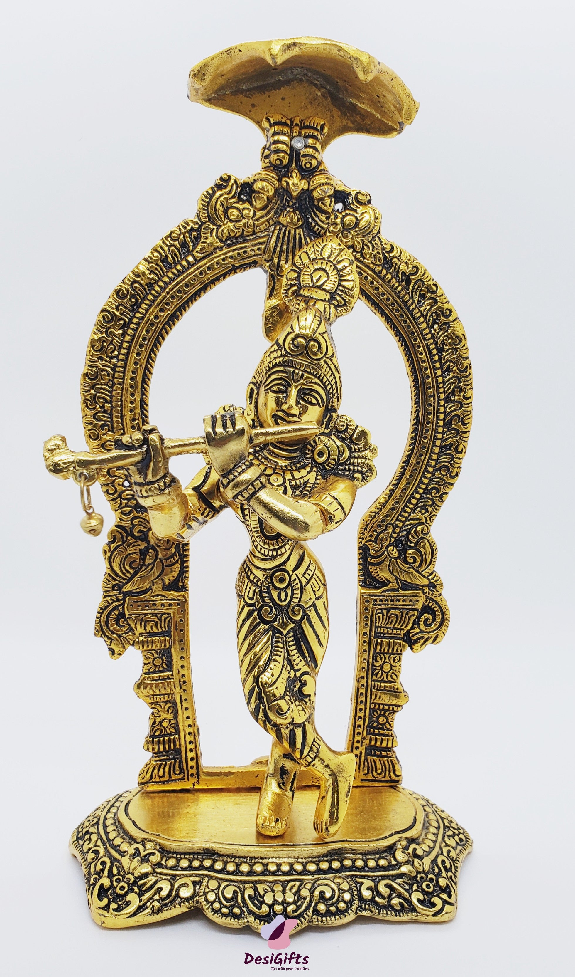 Lord Krishna Idol, 10" in Golden Metal, KRM# 126