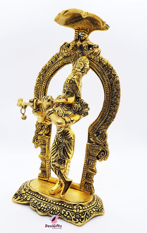 Lord Krishna Idol, 10" in Golden Metal, KRM# 126