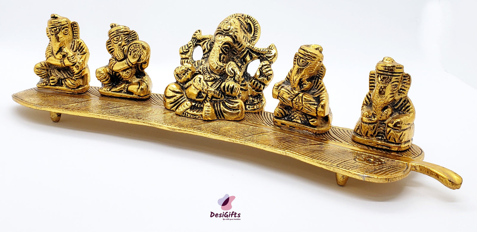 Set of 5 Musical Ganesha on Banana Leaf, Metallic, MGM#123-124