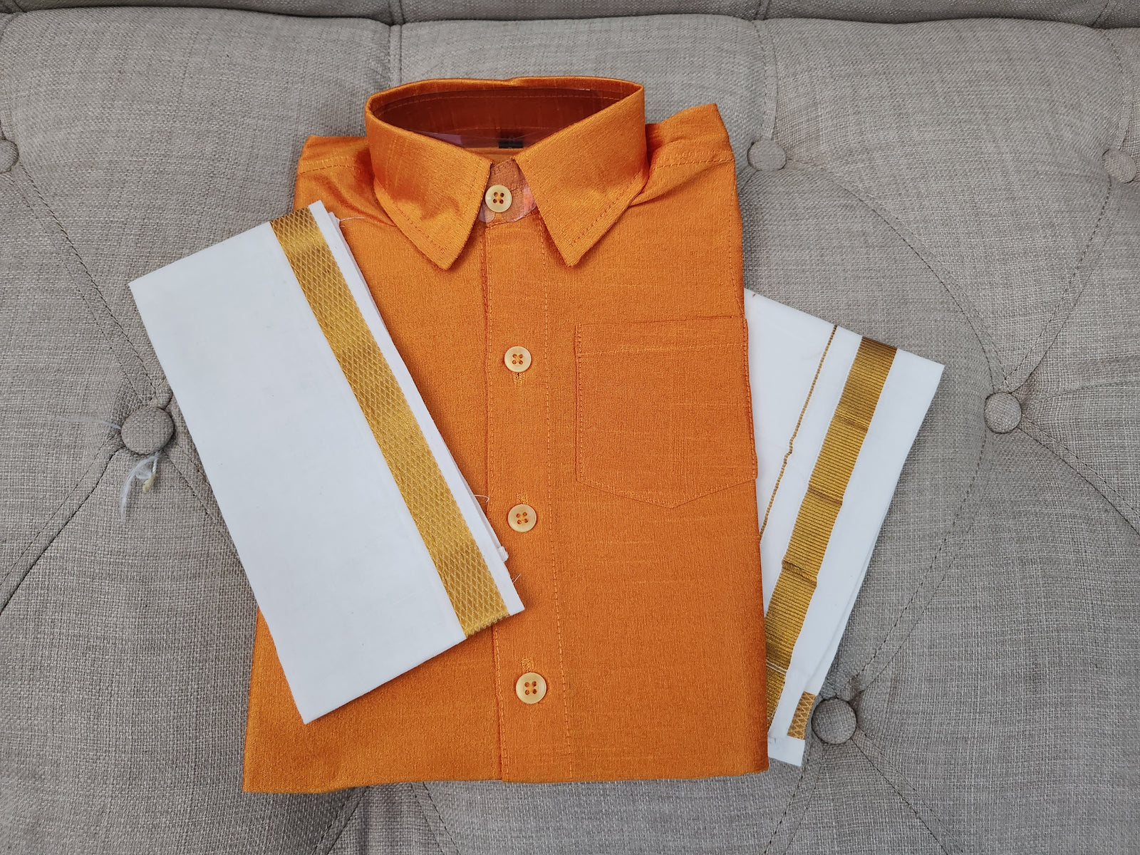 South Indian Kids Dhoti & Shirt With Mundu, 3 Piece Set- Design# B-Yel-897