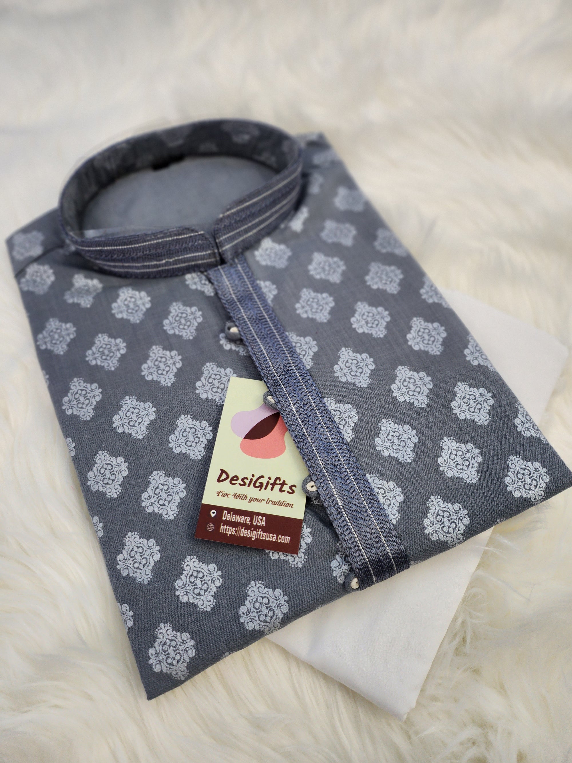 48 Size Gray Shade Jacquard Silk Kurta Pajama Set, Design KPS# 1008