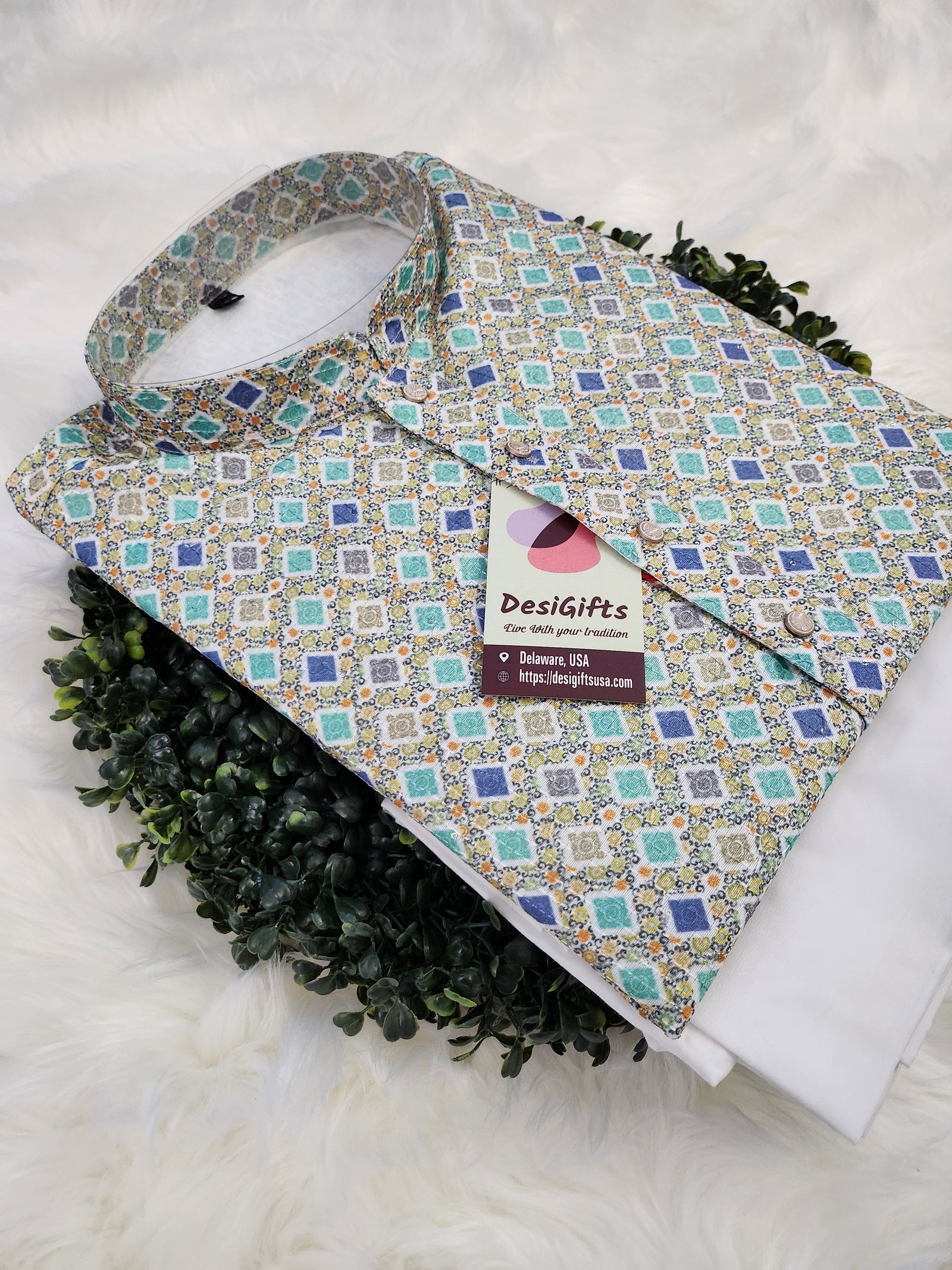 Size 46, Check box Pattern Self Woven Gray/Blue Shade Kurta Pajama Set-Cotton Silk, Design KPS - KPS 260