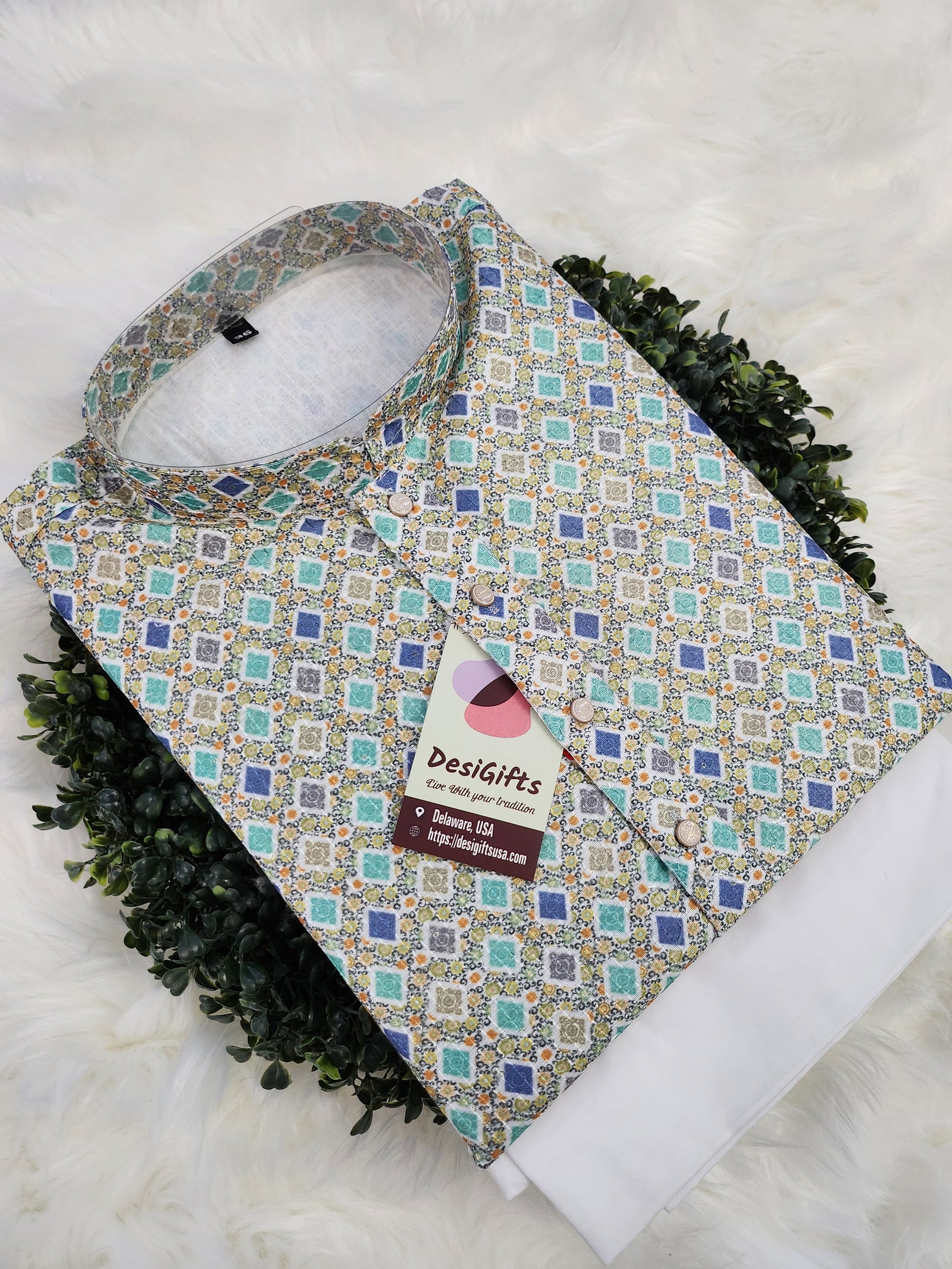 Size 46, Check box Pattern Self Woven Gray/Blue Shade Kurta Pajama Set-Cotton Silk, Design KPS - KPS 260