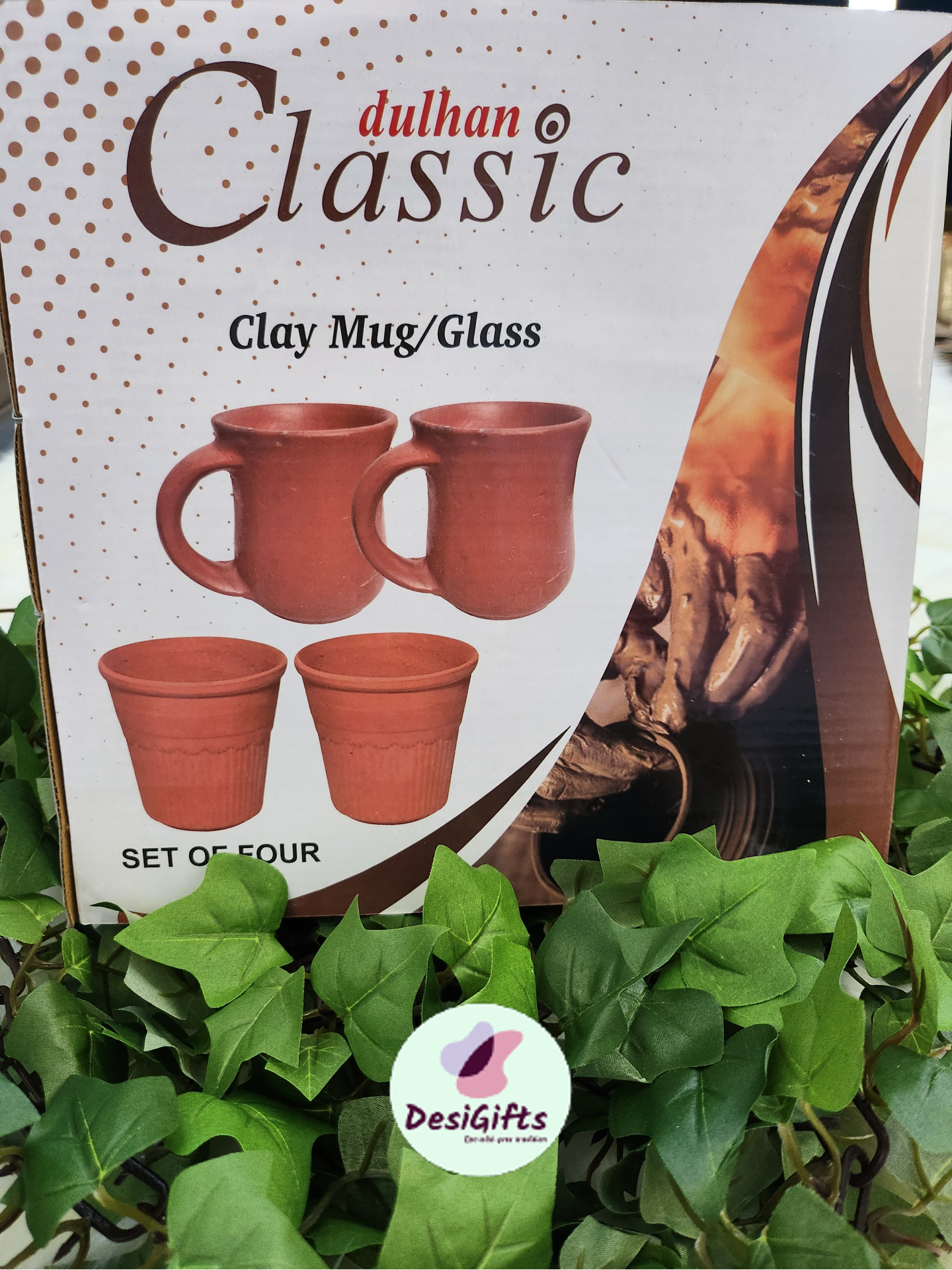 Robust Clay Craft Tea Cup Mug and Glasses, Set of 4 Pieces in a Box, CPT- 516