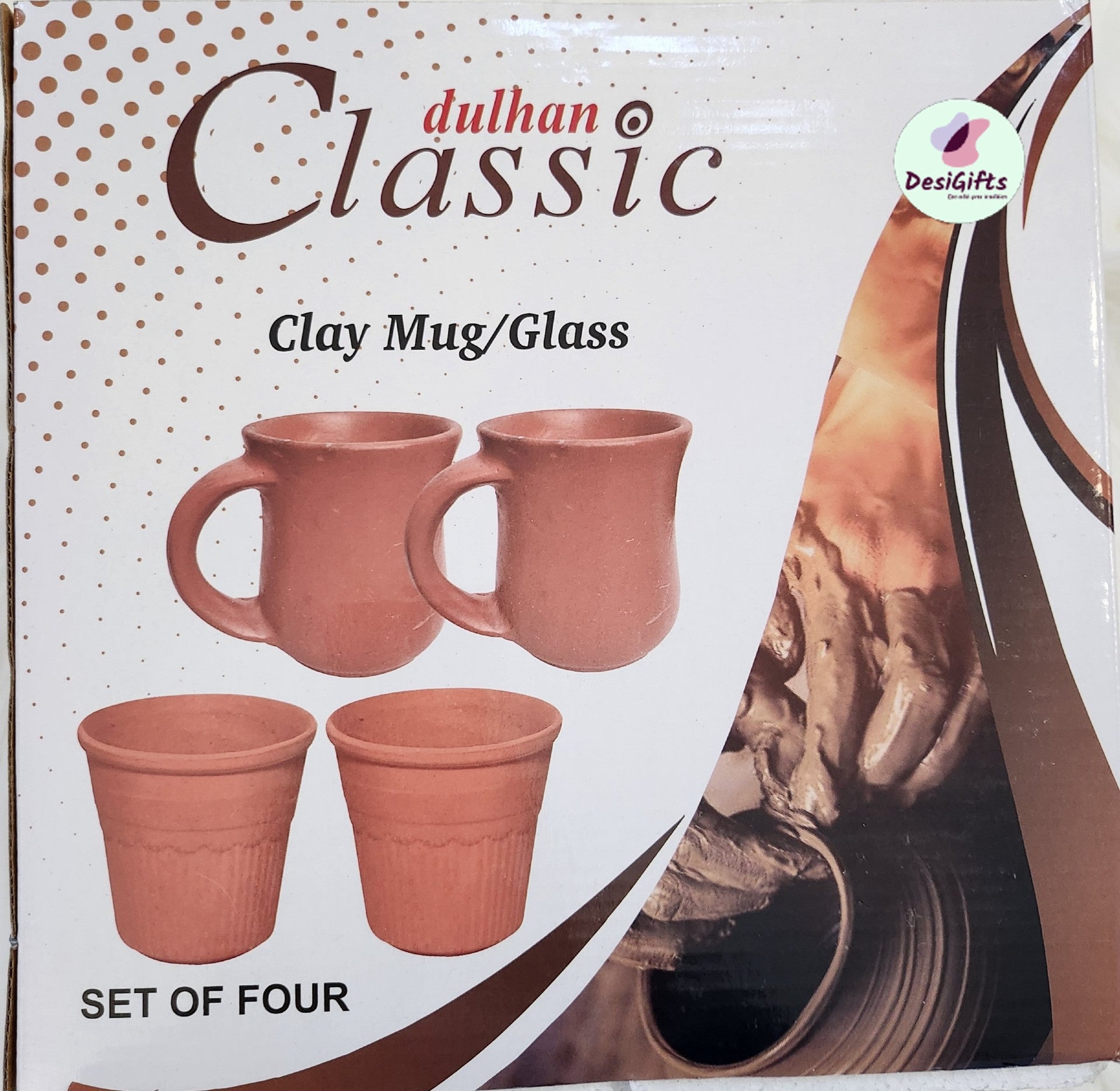 Robust Clay Craft Tea Cup Mug and Glasses, Set of 4 Pieces in a Box, CPT- 516