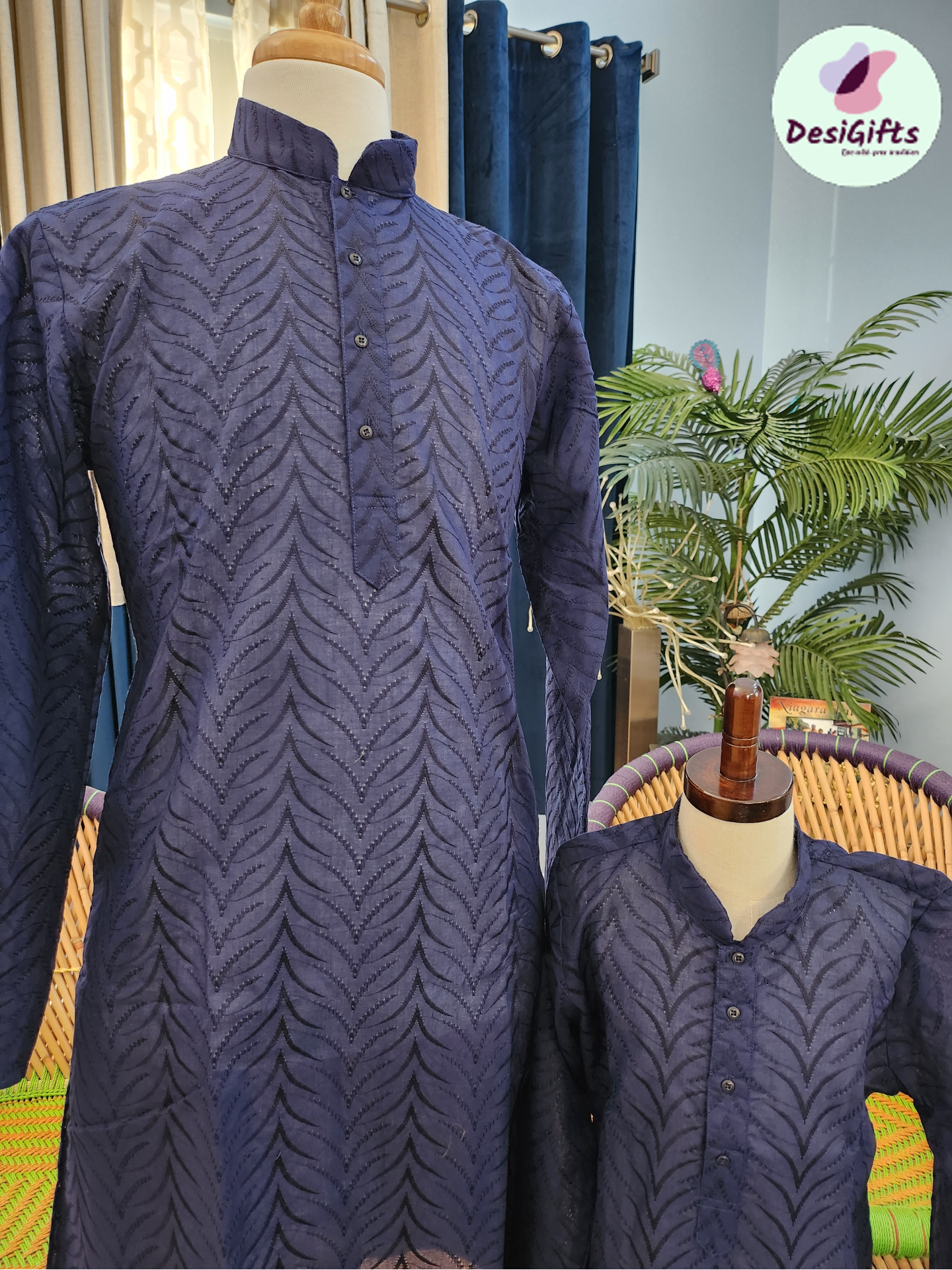 Kids Navy Blue Chikankari Ethnic Design 2 Piece Kurta Pajama Set, Father & Son outfit , DM - 1021