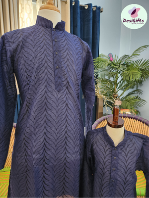 Navy Blue Chikankari Ethnic Design 2 Piece Kurta Pajama Set, Father & Son outfit , DM - 1021